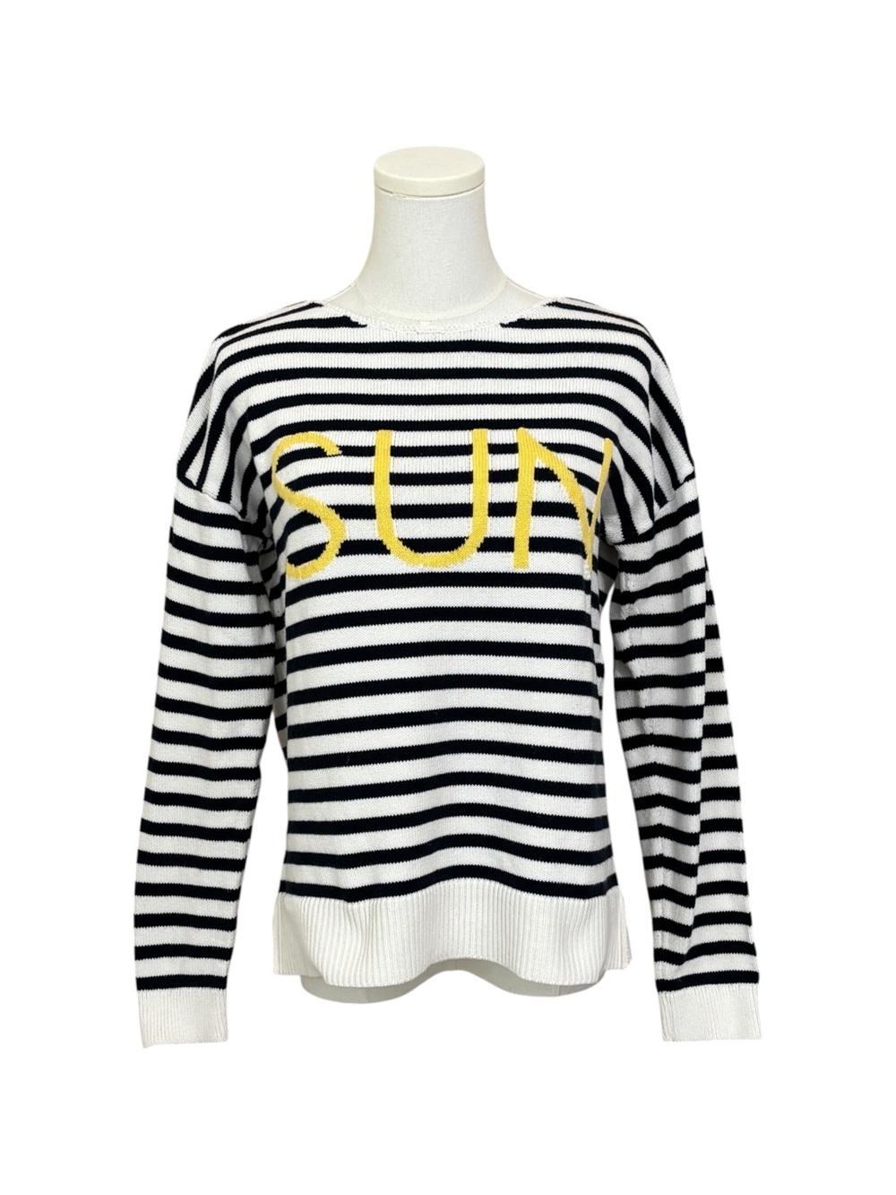 LOFT Black & White Striped Crewneck Sweater with Yellow 'SUN'